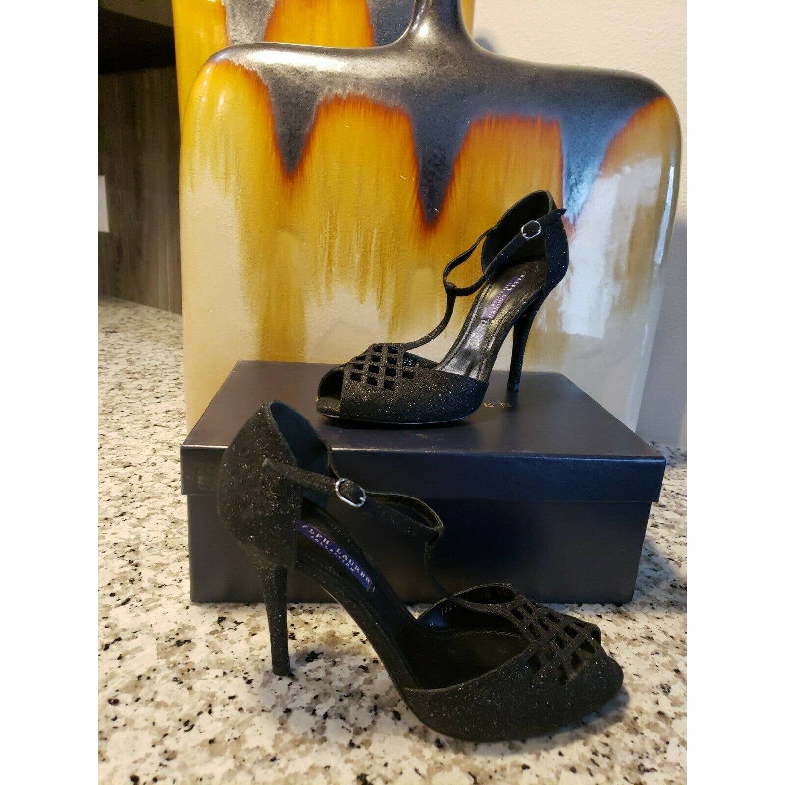 Ralph Lauren Purple Label Blatina Black Glitter Printed Suede 4" Heel Italy 10b
